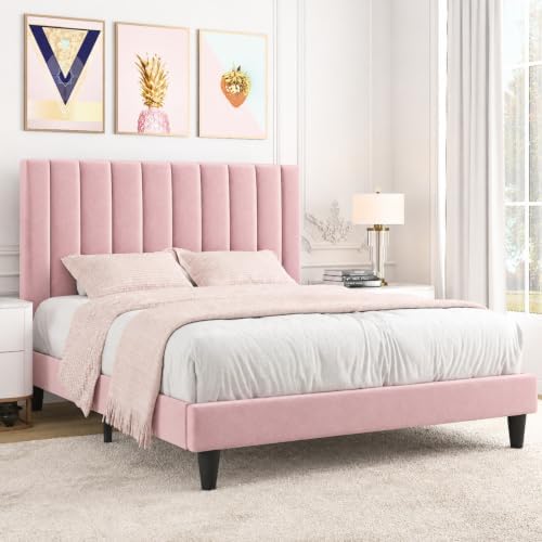 Allewie Full Platform Bed Frame/Velvet Upholstered Bed Frame with Vertical Channel Tufted Headboard/Strong Wooden Slats/Mattress Foundation/Box Spring Optional/Easy Assembly/Pink