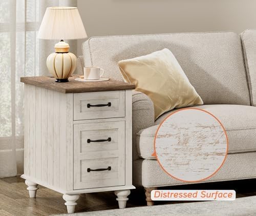 WAMPAT Narrow End Table with Charging Station, Wood Nightstand with Storage