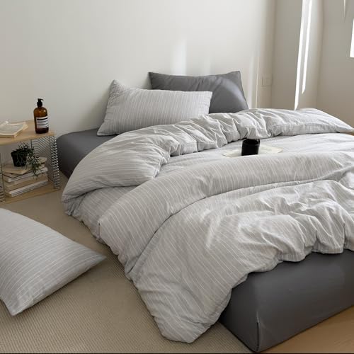 Vintage Gray Striped Duvet Cover Twin XL 3Pcs Retro Textured Bedding Set