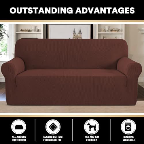 PrinceDeco Stretch Sofa Slipcover 1 Piece Sofa Cover for 3 Cushion Couch Furniture Protector/Cover Couch with Elastic Bottom Soft and Durable Sofa Cover Pet Protector (Sofa, Burnt Brick)
