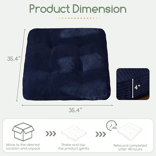 HIGOGOGO 35" Floor Pillow Cushion for Adults, Meditation Cushion Pillow, Extra Large Square Floor Sitting, Tufted Corduroy Cover for Tatami Living Room or Yoga, Navy