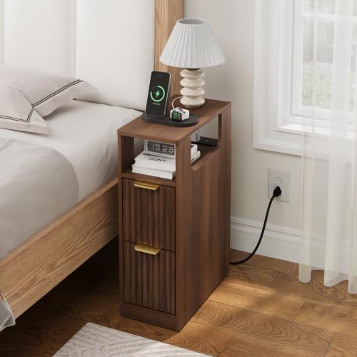 JUSTOGO Narrow Nightstand with Charging Station, Fluted End Table, 1 Pack