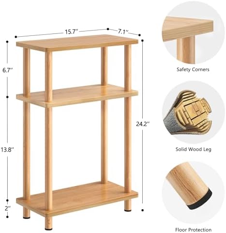 Apicizon Small Narrow Side Table, 3-Tier Skinny End Table, Natural