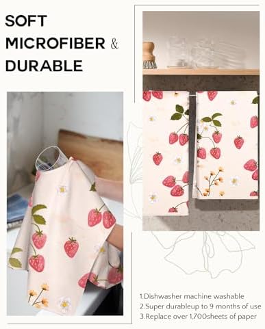 Miss Adola Cute Kitchen Towels Set of 2, 18 x 26 Inch, Strawberry