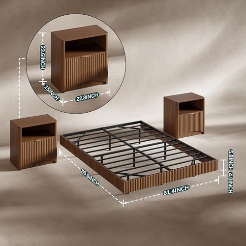 Evermagin Queen Bedroom Set, Fluted Floating Bed Frame & Nightstands,Walnut