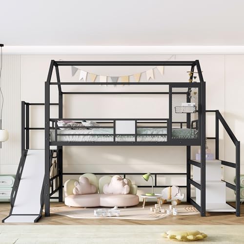 Bellemave Full Size Metal House Loft Bed with Slide and Stairs,Playhouse Heavy Duty Loft Bed Frame with Storage Shelves for Kids,Teens,Adults,Black