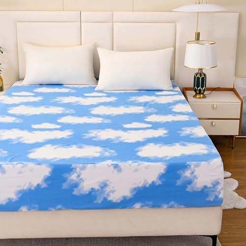 Bedding Fitted Sheet with Deep Pocket for Single Bed Mattress Cover Sheets,White Cloud Printed Fabric Bed Sheets (Blue Sky, Full)
