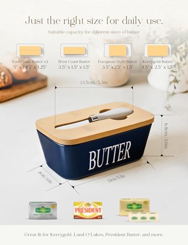 Ceramic Butter Dish with Lid and Knife & Silicone Seal for Countertop Blue