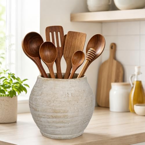Briful Utensil Holder for Kitchen Counter, 7.4" Rustic Ceramic Vase Crock Decor, Beige Crocks Pottery Jar, Distressed Antique Storage Organizer for Modern Farmhouse, Cooking Tools Spoon Ladle