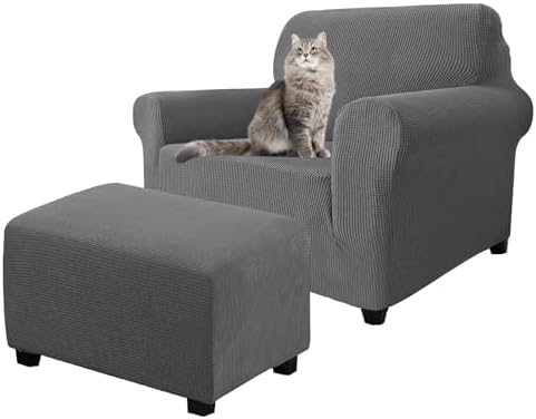 2 Piece Stretch Chair and Ottoman Cover Set, Jacquard Accent Armchair and Foot Stool Slip Cover, Non-Slip Slipcover for Chair with Footrest (Gray,2 Pieces Set)