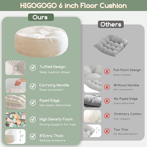 HIGOGOGO 8" Extra Thick Floor Pillow Cushion for Adults, Meditation Cushion Pillow, Large Round Floor Sitting, Tufted Corduroy Cover, for Tatami Living Room or Yoga, 22x22 Inch, Beige
