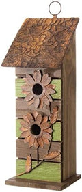 Glitzhome Bird Houses for Outside, 14.45" H Wooden Garden Hanging Bird House Two-Tiered Distressed with Flowers Decorative Birdhouse for Outdoors