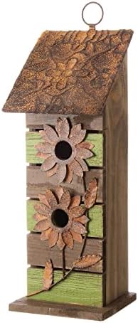 Glitzhome Bird Houses for Outside, 14.45" H Wooden Garden Hanging Bird House Two-Tiered Distressed with Flowers Decorative Birdhouse for Outdoors