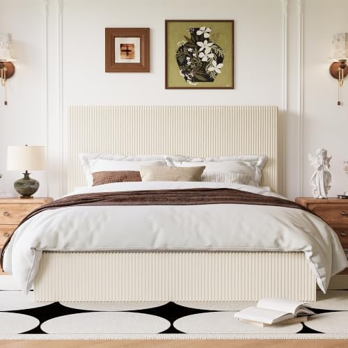Allewie Queen Bed Frame, Adjustable Corduroy Headboard, Platform, Cream