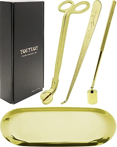 YOUTUOY 4 in1 Candle Accessory Set with Storage Tray Plate, Candle Wick Trimmer, Candle Wick Snuffer, Candle Wick Dipper, Great for Scented Candles Lovers (Gold)