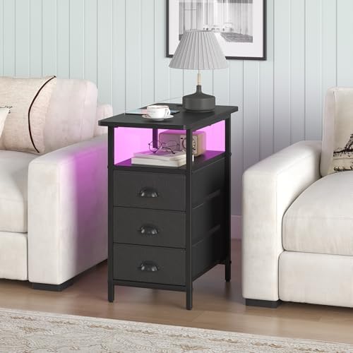 sthmec End Table with Charging Station,LED Side Tables with USB Ports and Outlets,Narrow Nightstands Bedside Tables with 3 Drawers PU Finish for Small Space,Slim Sofa Table for Livingroom,Black