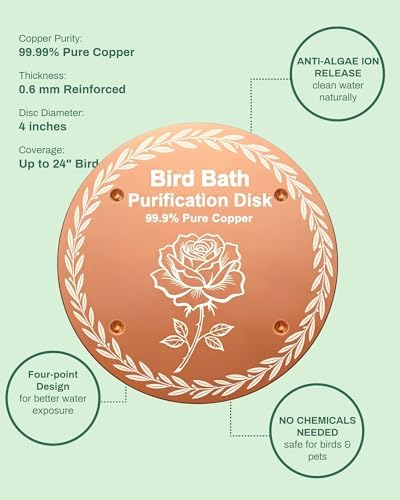OICEME Bird Bath Purification Disc Pure Copper Outside Winter Solar Power Birdbath Heater Deicer Cage Hanging Bowl Metal Deck Railing Glass Concrete Ceramic Stone Ground Water Bird Rose