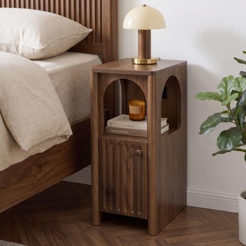 Walnut Narrow Nightstand with Charging Station, Slim Bedside Table