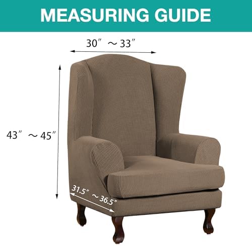 Turquoize Wingback Chair Covers 2 Piece Wing Chair Slipcover Stretch Slipcovers for Wingback Chairs Spandex Jacquard Fabric with Elastic Bottom Non-Slip Furniture Cover, Macchiato