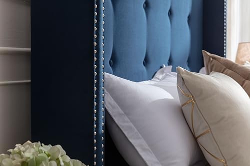 Queen Upholstered Bed Frame with 54" Wingback Tall Headboard Blue