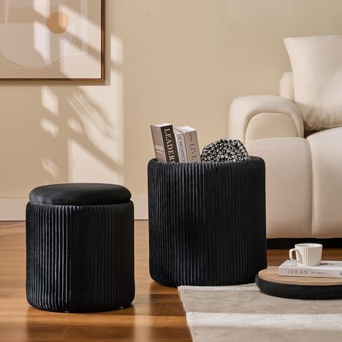 BLEXA Round Ottoman with Storage, Set of 2, Velvet Vanity Stool, Black