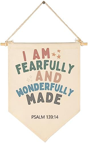 Christian Bible Verses Art-Scripture Flag Sign Gift for Baby Newborn Boys Girls Kids-Banner Wall Decor Gift for Nursery Bedroom Playroom Front Door-Baby Gift Shower-I Am Fearfully