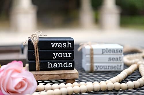 LIVDUCOT Farmhouse Mini Book Stack for Bathroom Decor Accessories Half Bath Decor Wooden Mini Books for Restroom Shelf Decorative Accent for Guest Bathroom,2 Signs in 1 Reversible