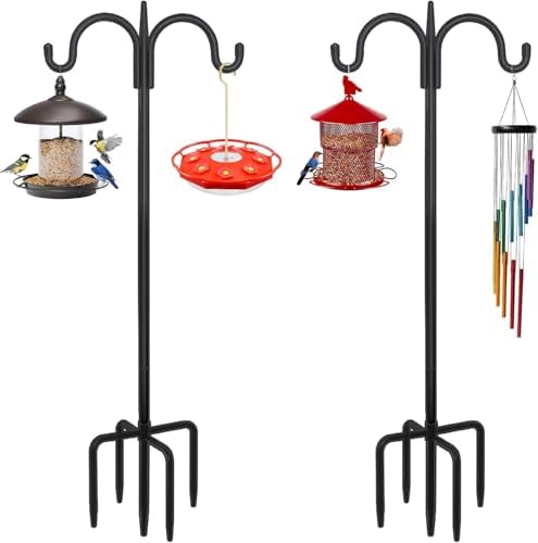 FEED GARDEN Heavy Duty Shepherds Hook 2 Pack 63" Double Hooks Adjustable (47/63") - Metal 5-Prong Base, 12lb Capacity - Easy Assembly Bird Feeder Pole for Hanging Planters, Lanterns, Wind Chimes