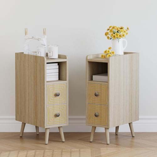 7.8" Narrow Nightstand Set of 2 with 2 Drawers & Open Storage,Oak