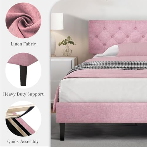 HOMBCK King Size Bed Frame, Upholstered Bed with Adjustable Headboard, Pink