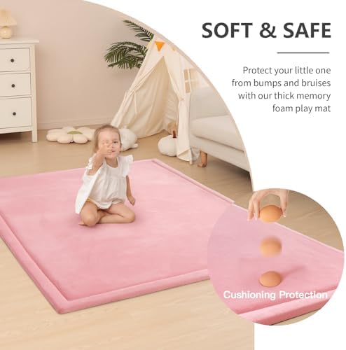 Baby Play Mat for Floor,1.3" Thick Memory foam Tummy Time Mat for Toddlers,Infants,kids,Water-Repellent Soft Nursery Rug ,79"×79" Extra Large Non Slip for Crawling&Yoga,Tatami Style for Living Room(Pink)