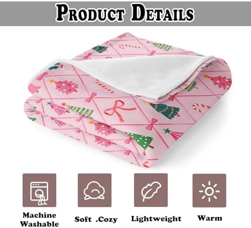 Coquette Pink Bow Christmas Throw Blanket for Couch, Preppy Christmas Decor, Pink Girly Xmas Tree Candy Cane Throw Blanket for Girls Bedroom Living Room Decoration, 50x60 Inches