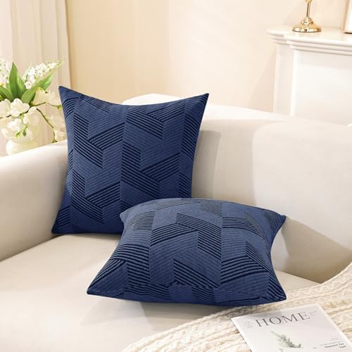 JIVINER Decorative Geometrical Throw Pillow Covers 18 x 18 Inch, Set of 2 Soft Modern Pattern Pillow Covers for Sofa, Couch, Living Room, Navy Blue