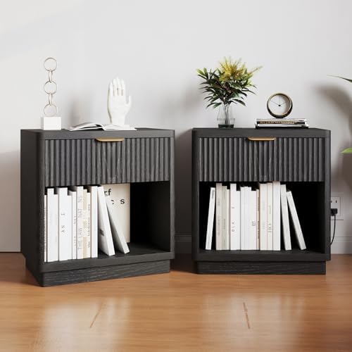 Fluted Nightstand Set of 2 with Charging Station,Drawer & Open Shelf,Black