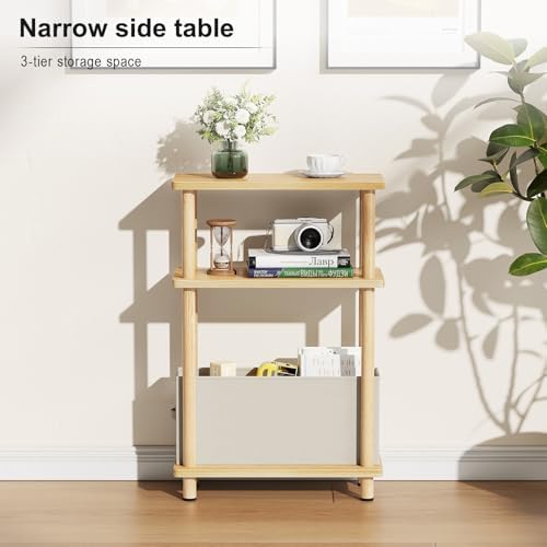 Apicizon Narrow Side Table with Fabric Basket, 3-Tier End Table, Natural