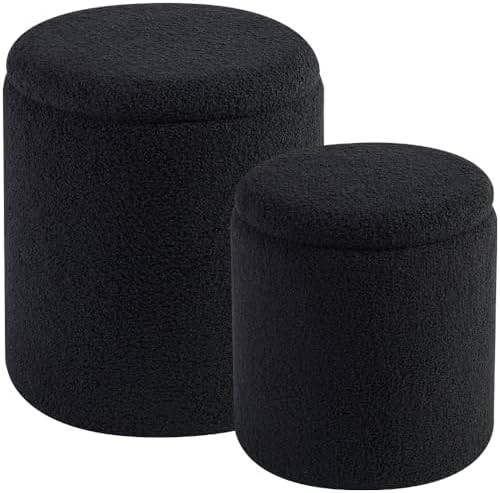 BLEXA Set of 2 Round Storage Ottoman, Black Boucle Ottoman with Storage