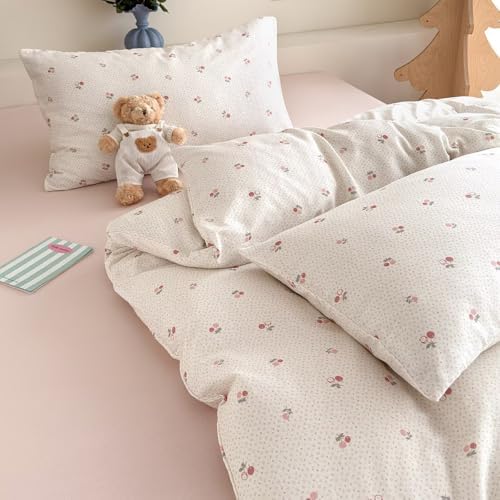 Pink Duvet Cover Full Size 100% Cotton Muslin Cute Cherry Bedding Set for Teen Girls Women,Soft Comfy Double Gauze Bedding Quilt Covers,3 Pieces(1 Duvet Cover with 2 Pillowcases)