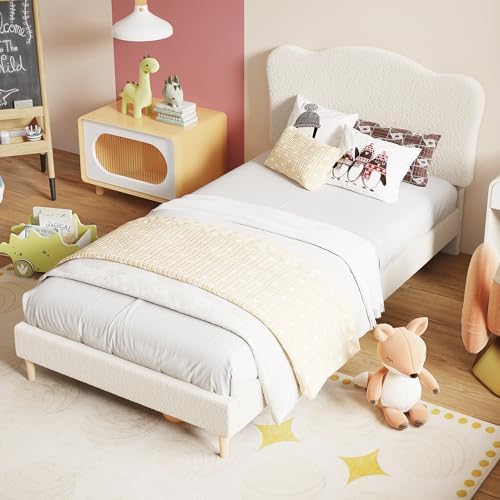 Garvee Upholstered Twin XL Size Bed Frame for Kids with Scallop Headboard, Cute Velvet Twin XL Bed for Girls, Boys, Sturdy Platform Bed, No Box Spring Needed, Wooden Slats, Noise Free, Beige