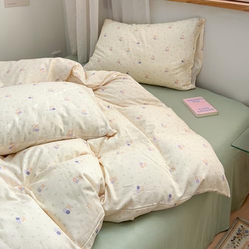 Cherry Twin Size Duvet Cover Boho Muslin Twin Comforter Cover Cotton Double Gauze Bow Zipper Duvet Cover Set with 2 Pillowcases Kawaii Pattern Bedding Set for Girls Duvet Protector