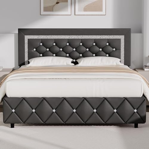 BarnFurin Full Bed Frame with Diamond Tufted Headboard, Gray