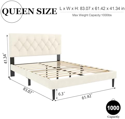 HAOARA Queen Size Platform Bed Frame with Upholstered Button Tufted Headboard, Mattress Foundation with Wooden Slat Support, Noise Free, No Box Spring Needed, Easy Assembly, Beige Velvet