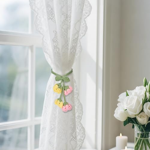 Flower Curtain Tiebacks, 4pcs Lily-of-The-Valley Curtains Holdbacks, Cute Curtain Holdbacks - No Drill Rope Holder, Drape Knitting Handmade for Nursery&Children's Room Decor (Pinkish/Yellow)