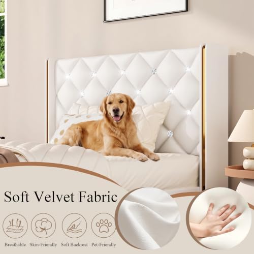 HOMBCK Twin Size Bed Frame with Leather Headboard, Goldside Wingback, White