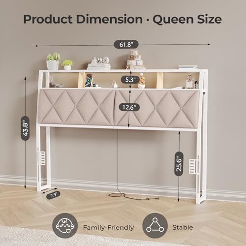 Headboard Queen Size with Storage, Charging Station & Lights, White & Beige