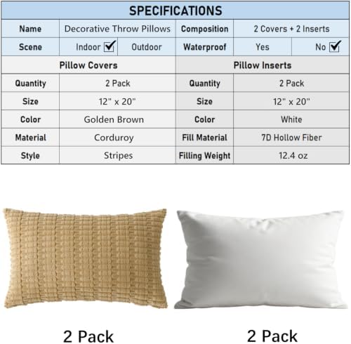 2 Pack Corduroy Decorative Throw Pillow with Inserts, 18x18 Inch Soft Boho Throw Pillow, Square Striped Throw Pillows for Couch, Bed, Sofa Decor (Golden Brown, 12" x 20" (with Inserts))