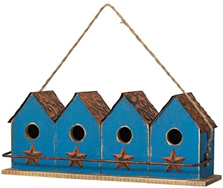 Glitzhome 17" L Retro Blue Distressed Solid Wood Birdhouse with Perch Garden Hanging Bird House for Outdoors