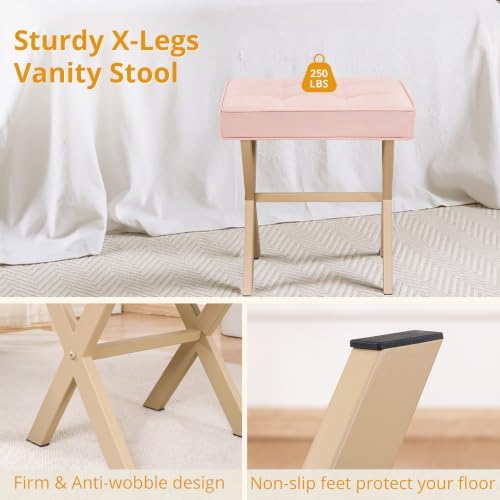 LUE BONA Vanity Stool, Square Linen Makeup Stool with Metal X Legs, Small Ottoman Stool Chair for Vanity, Modern Padded Vanity Seat Foot Rest Stool for Makeup Room, Bathroom, Pink Color