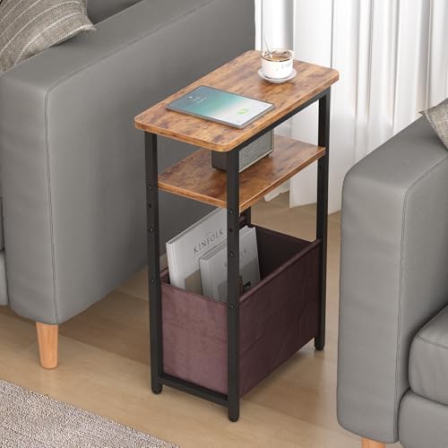 sthmec Narrow Side Table Set of 2, Skinny End Tables with Fabric Basket, Small Side Tables for Small Space,2-Tier Open Shelves with Basket, Slim Nightstands Set 2 for Bedroom,Livinroom, Rustic Brown