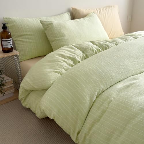 AOJIM Cottage Green Striped Duvet Cover Set King Size Textured Bedding 3Pcs