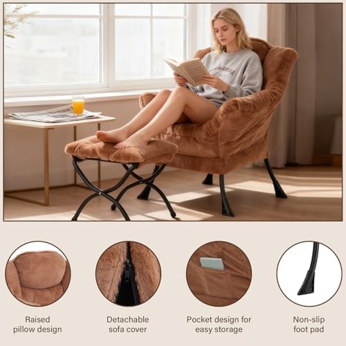 Welnow Lazy Chair with Ottoman, Reading Chair with Footrest, Brown